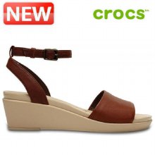 크록스 샌달 /B25- 204732-28G / Womens Crocs Leigh-Ann Ankle Strap Leather Mini Wedge