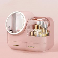 [해외직구] LED 거울 선풍기 탑재 화장품 멀티 정리함 수납함 핑크