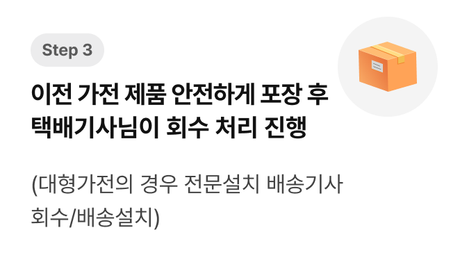 Step 3, 이전 가전 제품 안전하게 포장 후 택배기사님이 회수 처리 진행