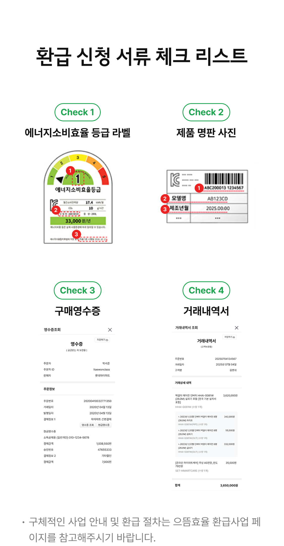 환급 신청 서류 체크 리스트. Check 1 - 에너지소비효율 등급 라벨. Check 2 -제품 명판 사진.  Check 3 - 구매영수증. Check 4 - 거래내역서. 유의사항 - 구체적인 사업 안내 및 환급 절차는 으뜸효율 환급사업 페이지를 참고해주시기 바랍니다.