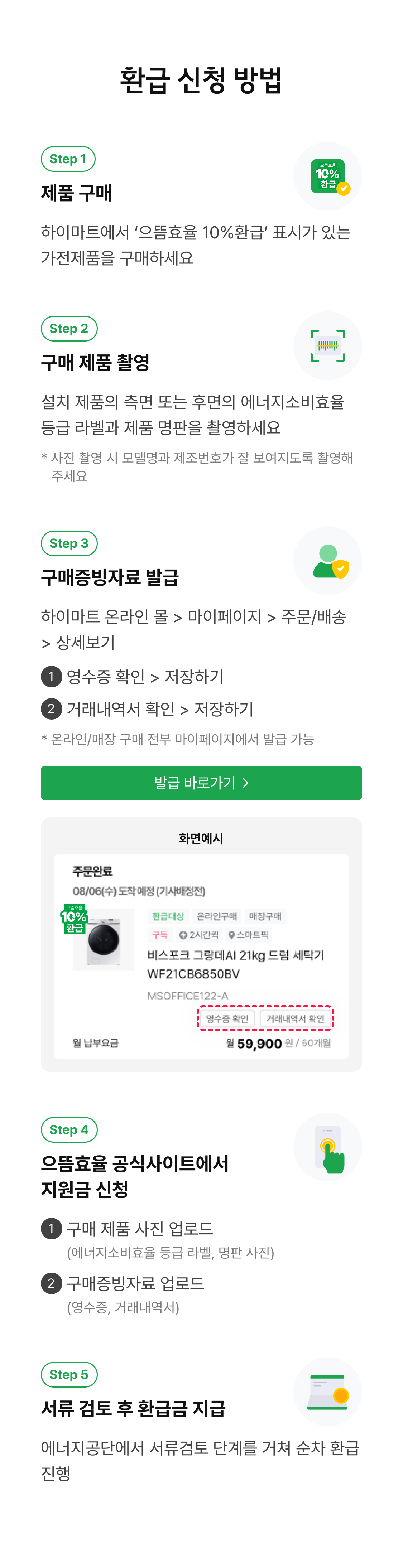 환급 신청 방법. Step 1 - 제품 구매, 하이마트에서 ‘으뜸효율 10%환급’ 표시가 있는 가전제품을 구매하세요. Step 2 - 구매 제품 촬영, 설치 제품의 측면 또는 후면의 에너지소비효율 등급 라벨과 제품 명판을 촬영하세요, * 사진 촬영 시 모델명과 제조번호가 잘 보여지도록 촬영해 주세요. Step 3 - 구매증빙자료 발급, 하이마트 온라인 몰 > 마이페이지 > 주문/배송 > 상세보기, 1 영수증 확인 > 저장하기, 2 거래내역서 확인 > 저장하기, * 온라인/매장 구매 전부 마이페이지에서 발급 가능. Step 4 - 으뜸효율 공식사이트에서 지원금 신청, 1 구매 제품 사진 업로드(에너지소비효율 등급 라벨, 명판 사진), 2 구매증빙자료 업로드(영수증, 거래내역서). Step 5 - 서류 검토 후 환급금 지급, 에너지공단에서 서류검토 단계를 거쳐 순차 환급 진행.