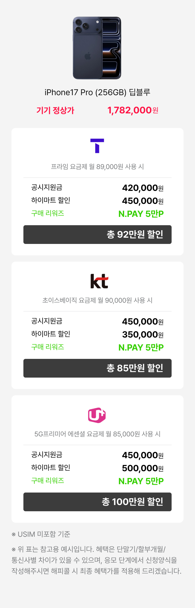 갤럭시 Z Fold7 (256GB) 실버쉐도우 - 기기정상가 2,379,300원 : SKT(로고) 공시지원금 : 48만원, 공동구매 할인 : 45만원, 구매 리워즈 : L.POINT 3만P, 총 96만원 할인 | 프라임 요금제 (월 89,000원 사용 시) | KT(로고) 공시지원금 : 50만원, 하이마트 할인 : 50만원, 구매 리워즈 : L.POINT 3만P, 총 98만원 할인 | 초이스베이직 요금제 (월 90,000원 사용 시) | LG U+(로고) : 공시지원금 : 50만원, 하이마트 할인 : 45만원, 구매 리워즈 : L.POINT 3만P, 총 98만원 할인 | 기준 요금제 | 5G프리미어 에센셜 요금제 (월 85,000원) : USIM 미포함 기준 위 표는 참고용 예시입니다. 혜택은 단말기/할부개월/통신사별 차이가 있을 수 있으며, 상담 신청양식을 작성해주시면 해피콜 시 최종 혜택가를 적용해 드리겠습니다.