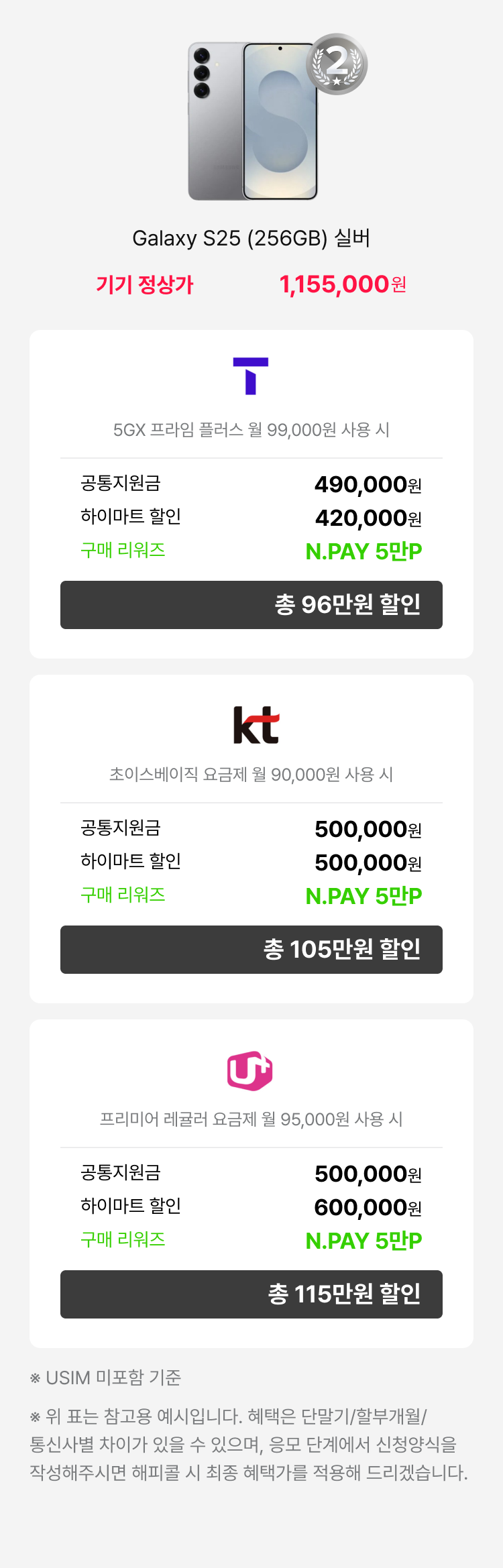 갤럭시 Z Flip7 (256GB) 블루쉐도우 - 기기정상가 1,485,000원 : SKT(로고) 공시지원금 : 48만원, 공동구매 할인 : 45만원, 구매 리워즈 : L.POINT 3만P, 총 96만원 할인 | 프라임 요금제 (월 89,000원 사용 시) | KT(로고) 공시지원금 : 50만원, 하이마트 할인 : 50만원, 구매 리워즈 : L.POINT 3만P, 총 98만원 할인 | 초이스베이직 요금제 (월 90,000원 사용 시) | LG U+(로고) : 공시지원금 : 50만원, 하이마트 할인 : 45만원, 구매 리워즈 : L.POINT 3만P, 총 98만원 할인 | 기준 요금제 | 5G프리미어 에센셜 요금제 (월 85,000원) : USIM 미포함 기준 위 표는 참고용 예시입니다. 혜택은 단말기/할부개월/통신사별 차이가 있을 수 있으며, 상담 신청양식을 작성해주시면 해피콜 시 최종 혜택가를 적용해 드리겠습니다.