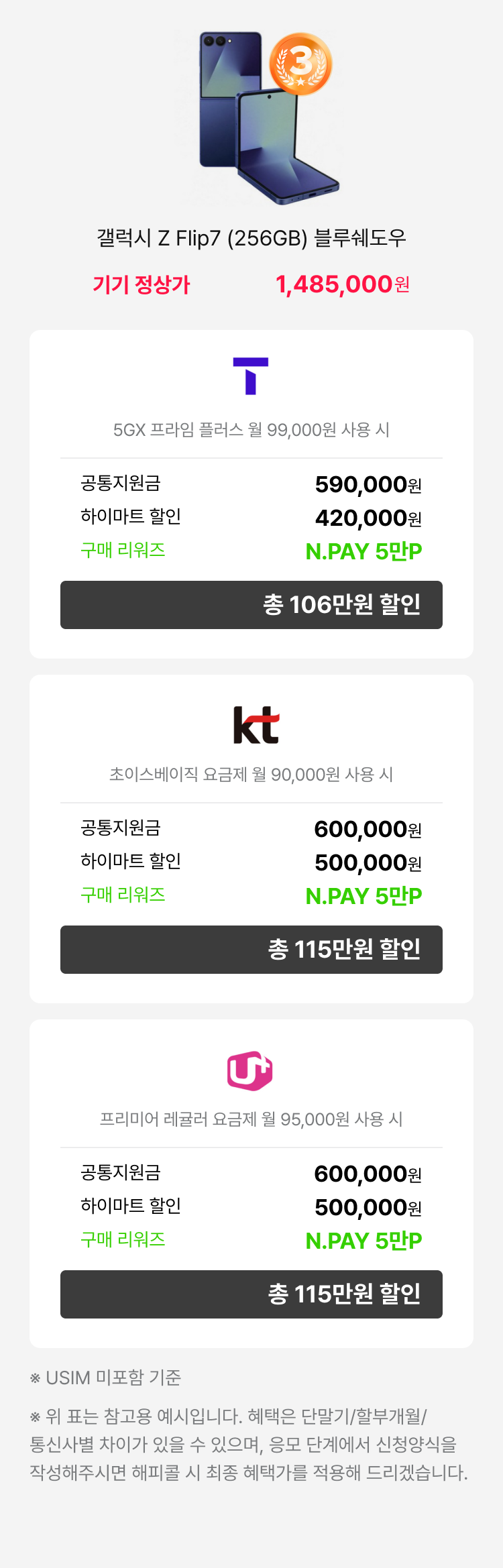갤럭시 S25 (256GB) 네이비 - 기기정상가 1,155,000원 : SKT(로고) 공시지원금 : 48만원, 공동구매 할인 : 45만원, 구매 리워즈 : L.POINT 3만P, 총 96만원 할인 | 프라임 요금제 (월 89,000원 사용 시) | KT(로고) 공시지원금 : 50만원, 하이마트 할인 : 50만원, 구매 리워즈 : L.POINT 3만P, 총 98만원 할인 | 초이스베이직 요금제 (월 90,000원 사용 시) | LG U+(로고) : 공시지원금 : 50만원, 하이마트 할인 : 45만원, 구매 리워즈 : L.POINT 3만P, 총 98만원 할인 | 기준 요금제 | 5G프리미어 에센셜 요금제 (월 85,000원) : USIM 미포함 기준 위 표는 참고용 예시입니다. 혜택은 단말기/할부개월/통신사별 차이가 있을 수 있으며, 상담 신청양식을 작성해주시면 해피콜 시 최종 혜택가를 적용해 드리겠습니다.