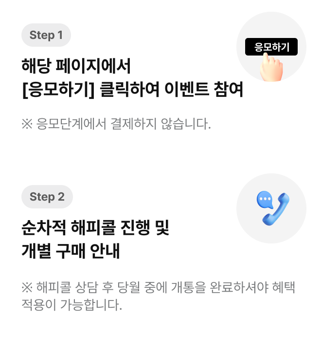 step1 : 09.07(일) – 09.18(목) | 해당 페이지에서 [응모하기] 클릭하여 이벤트 참여 | ※ 응모단계에서 결제하지 않습니다. step2 : 순차적 해피콜 진행 및 개별 구매 안내 | ※ 해피콜 상담 후 당월 중에 개통을 완료하셔야 혜택적용이 가능합니다.