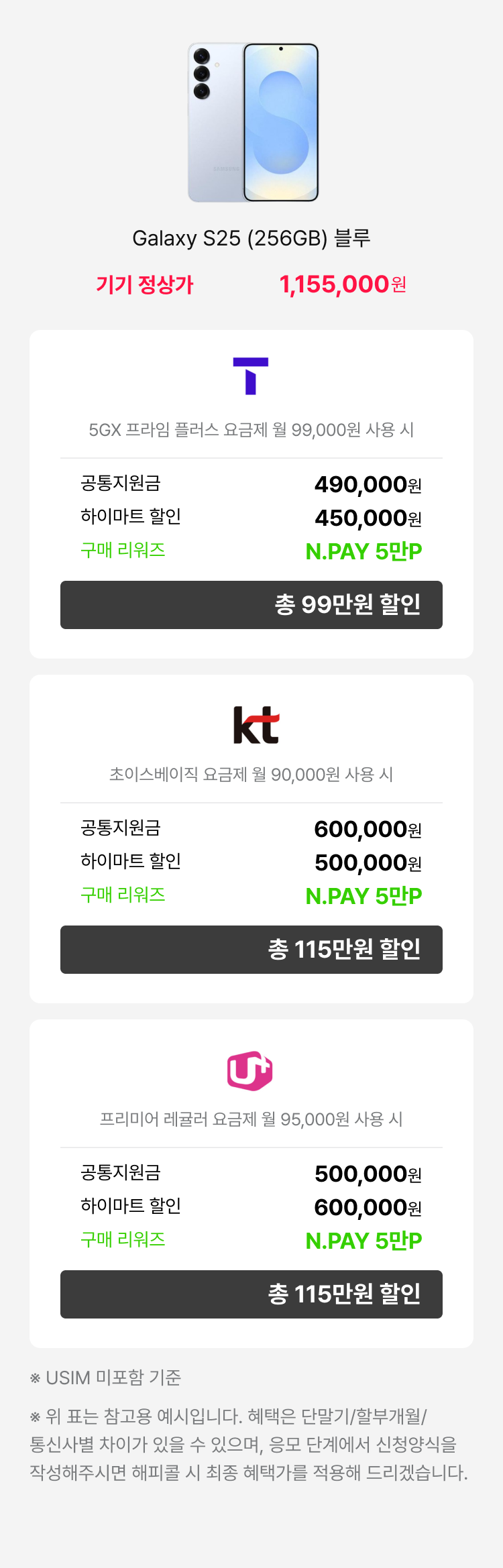 갤럭시 S25 (256GB) 네이비 - 기기정상가 1,155,000원 : SKT(로고) 공시지원금 : 48만원, 공동구매 할인 : 45만원, 구매 리워즈 : L.POINT 3만P, 총 96만원 할인 | 프라임 요금제 (월 89,000원 사용 시) | KT(로고) 공시지원금 : 50만원, 하이마트 할인 : 50만원, 구매 리워즈 : L.POINT 3만P, 총 98만원 할인 | 초이스베이직 요금제 (월 90,000원 사용 시) | LG U+(로고) : 공시지원금 : 50만원, 하이마트 할인 : 45만원, 구매 리워즈 : L.POINT 3만P, 총 98만원 할인 | 기준 요금제 | 5G프리미어 에센셜 요금제 (월 85,000원) : USIM 미포함 기준 위 표는 참고용 예시입니다. 혜택은 단말기/할부개월/통신사별 차이가 있을 수 있으며, 상담 신청양식을 작성해주시면 해피콜 시 최종 혜택가를 적용해 드리겠습니다.