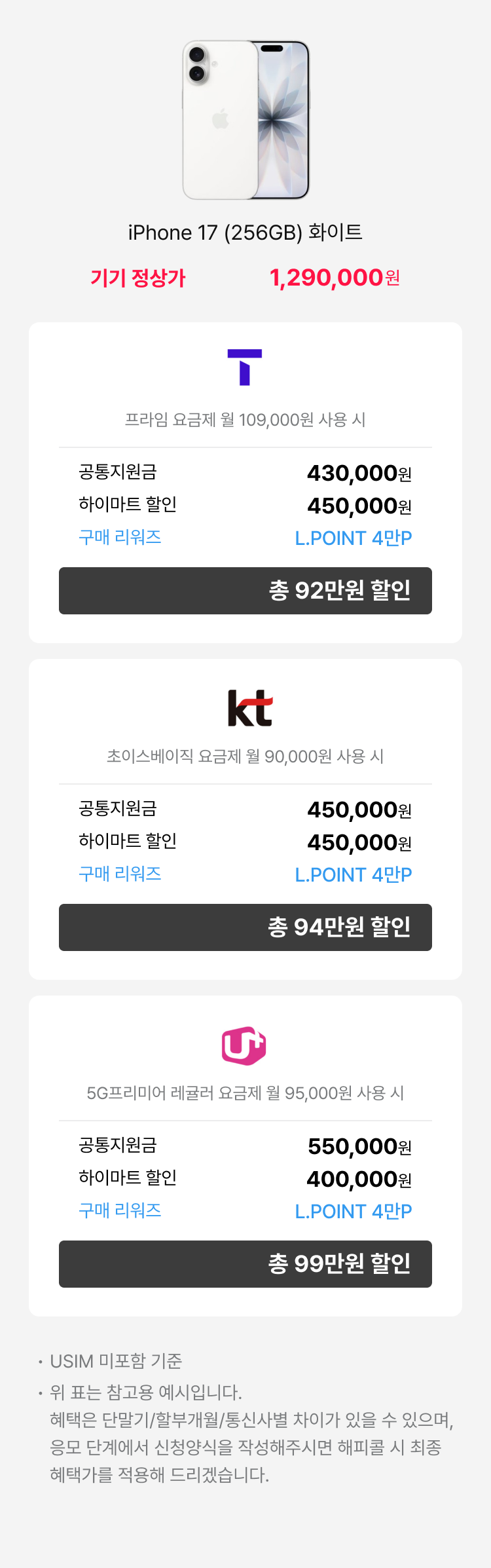 갤럭시 S25 (256GB) 네이비 - 기기정상가 1,155,000원 : SKT(로고) 공시지원금 : 48만원, 공동구매 할인 : 45만원, 구매 리워즈 : L.POINT 3만P, 총 96만원 할인 | 프라임 요금제 (월 89,000원 사용 시) | KT(로고) 공시지원금 : 50만원, 하이마트 할인 : 50만원, 구매 리워즈 : L.POINT 3만P, 총 98만원 할인 | 초이스베이직 요금제 (월 90,000원 사용 시) | LG U+(로고) : 공시지원금 : 50만원, 하이마트 할인 : 45만원, 구매 리워즈 : L.POINT 3만P, 총 98만원 할인 | 기준 요금제 | 5G프리미어 에센셜 요금제 (월 85,000원) : USIM 미포함 기준 위 표는 참고용 예시입니다. 혜택은 단말기/할부개월/통신사별 차이가 있을 수 있으며, 상담 신청양식을 작성해주시면 해피콜 시 최종 혜택가를 적용해 드리겠습니다.