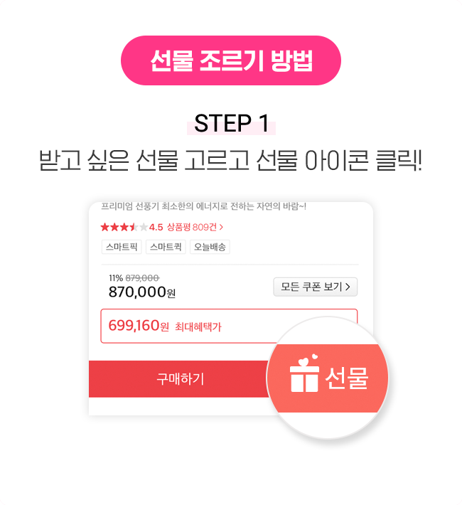 선물 조르기 방법 STEP 1 받고 싶은 선물 고르고 선물 아이콘 클릭!