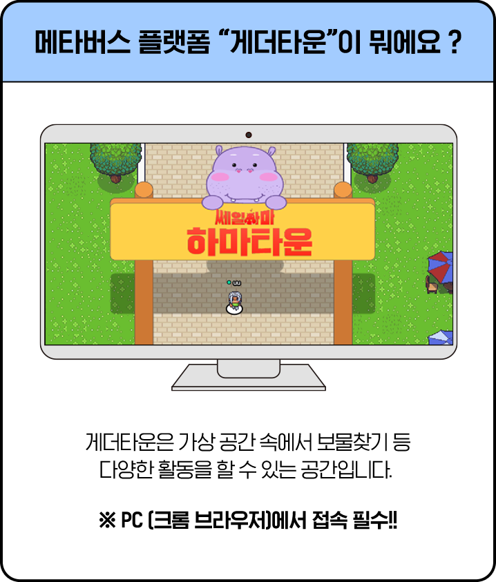 메타버스 플랫폼 '게더타운'이 뭐에요 ? 게더타운은 가상 공간 속에서 보물찾기 등 다양한 활동을 할 수 있는 공간입니다.