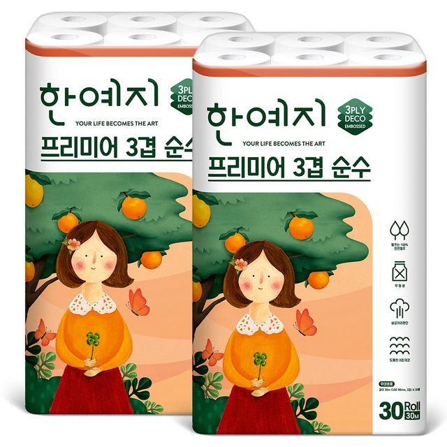 프리미어 3겹 순수 천연펄프 화장지 30m 30롤 2팩