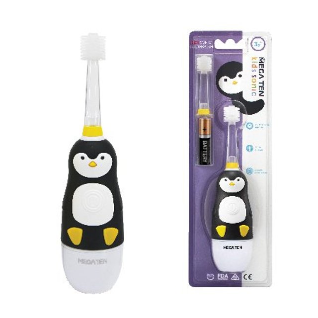 소닉 어린이 LED 음파 진동 전자동칫솔 MB-KS6008P(펭귄) 본품+리필헤드1개+건전지  [LED 플래시 / 타이머 / 방수]