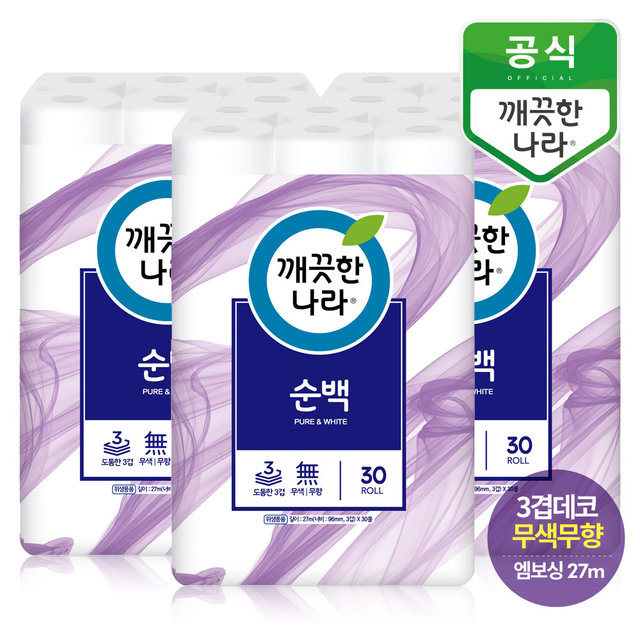 순백블루 3겹 화장지 27m 30롤 3팩