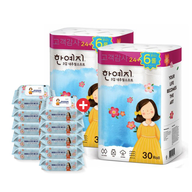 한예지 내추럴소프트 화장지 27m 30롤 2팩 + 볼륨앤소프트 에디션 물티슈 100매 캡형 10팩