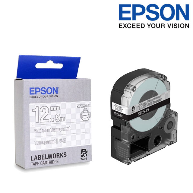 엡손 라벨테이프 ST12S-PX 투명배경 검정글씨 폭 12mm