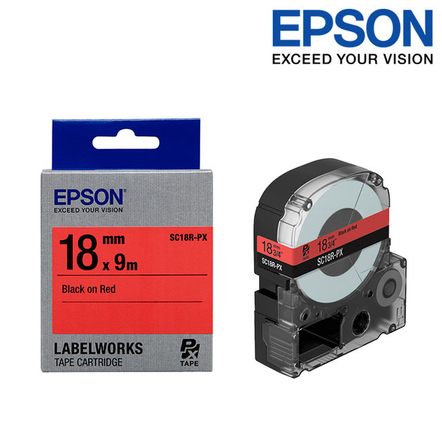 엡손 라벨테이프 SC18R-PX 빨강배경 검정글씨 폭 18mm