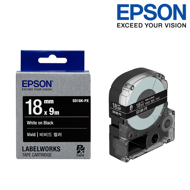 엡손 라벨테이프 SD18K-PX 검정배경 흰색글씨 폭 18mm