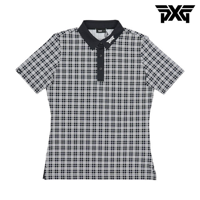 [해외직구] PXG 여성 골프웨어 플래드 격자 폴로 카라 반팔 티셔츠 블랙