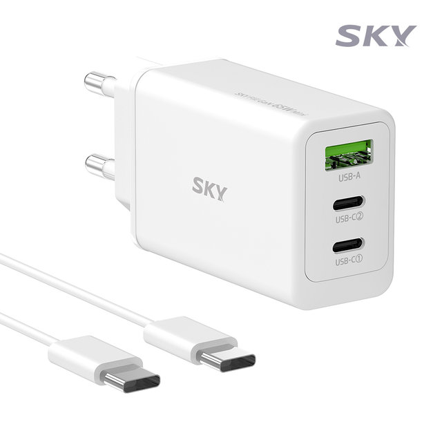 [케이블 세트] 스카이 필 GaN 65W PD 미니 3포트 멀티 초고속 충전기+CtoC 고속충전 케이블 USB C타입 PPS