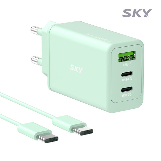 [케이블 세트] 스카이 필 GaN 65W PD 미니 3포트 멀티 초고속 충전기+CtoC 고속충전 케이블 USB C타입 PPS