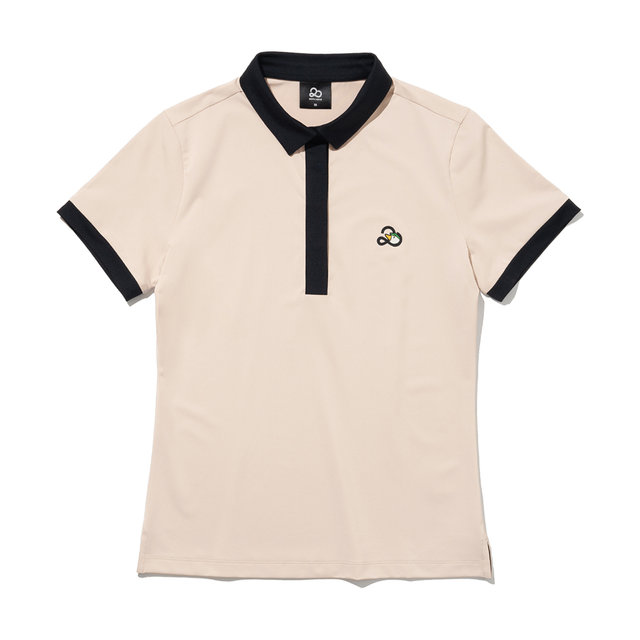 카라넥 소매 배색 포인트 여성 반팔 티셔츠[BEIGE]