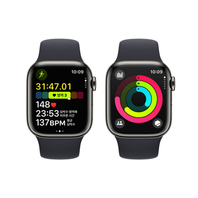 애플워치 9 41mm, GPS + Cellular (그라파이트 스테인리스스틸, 미드나이트 스포츠밴드, S / M) - [MRJ83KH/A]