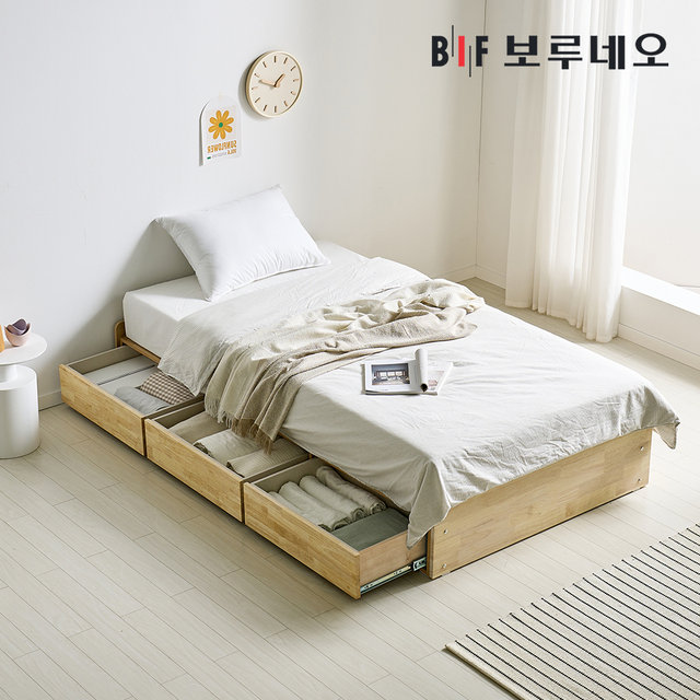 네이블Po 무헤드 3서랍 고무나무 원목 침대 수납 프레임 SS