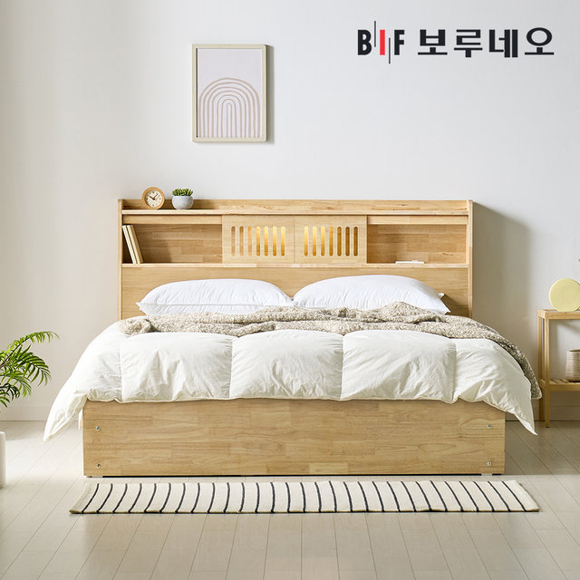 제뮤Po 4서랍 고무나무 원목 침대 LED 수납 프레임 Q
