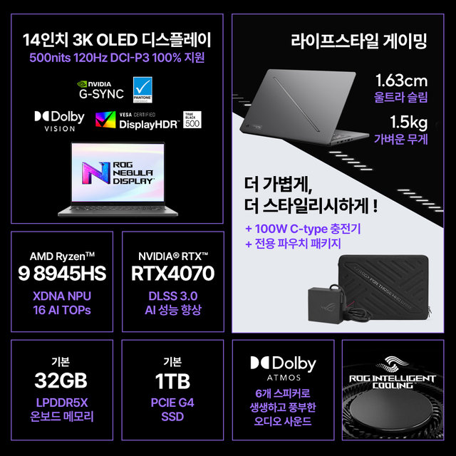 ASUS ROG 제피러스 G14 GA403UI-QS091 게이밍노트북 라이젠 R9-8945HS/RTX4070/DCI-P3 100%