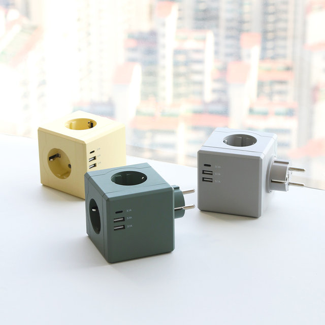 큐브 디자인 멀티탭 USB C타입 3구 그레이