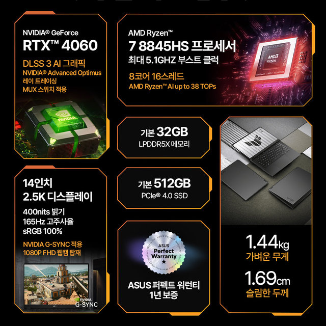 ASUS TUF Gaming A14 FA401UV-RG025 라이젠 R7-8845HS/32GB/RTX4060 QHD 게이밍 노트북 휴대용 겜트북 원탑