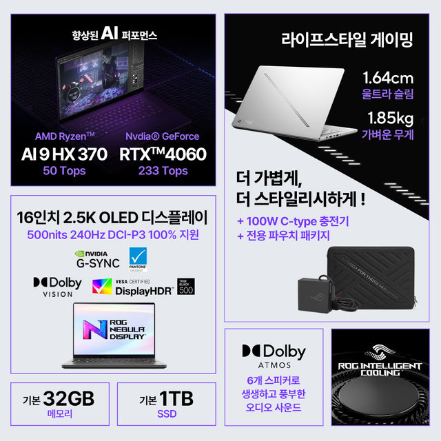 ASUS ROG 제피러스 G16 GA605WV-QR071W 라이젠 AI 9 HX 370/RTX4060/DCI-P3 100%/Win11