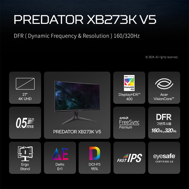 [한성] 에이서 PREDATOR XB273K V5 DFR 가변주사율 160/320Hz 4K UHD Fast IPS 68.58cm 27 게이밍 모니터 (무결점)