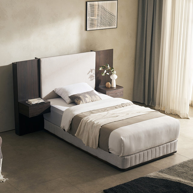 [비밀특가] 까르뎅차콜 패브릭 LED 호텔 평상형 침대 프레임 SS+400협탁1