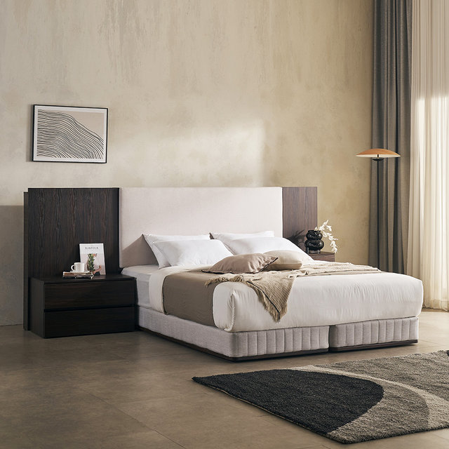 [비밀특가] 까르뎅차콜 패브릭 LED 호텔 평상형 침대 프레임 SS+400협탁1