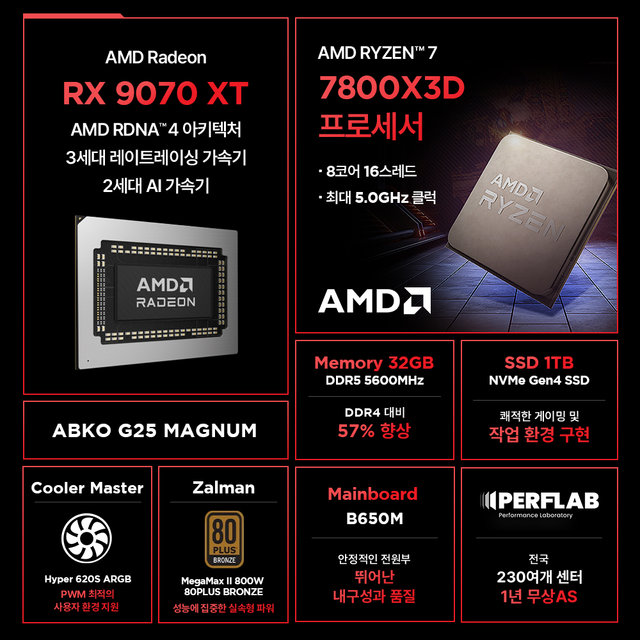 라이젠7 7800X3D RX 9070 XT 16GB 32GB 1TB 게이밍 컴퓨터 데스크탑 조립 PC