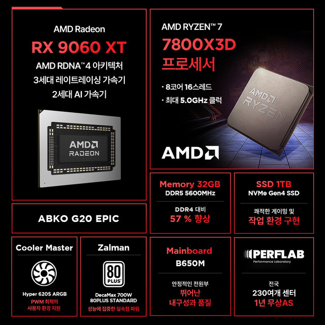 라이젠7 7800X3D RX 9060 XT 16GB 32GB 1TB 게이밍 컴퓨터 데스크탑 조립 PC