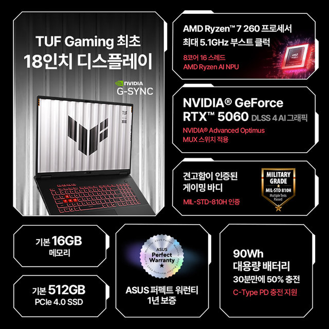 ASUS TUF Gaming A18 FA808UM-S8031 라이젠 7 260/지포스 RTX5060 게이밍 