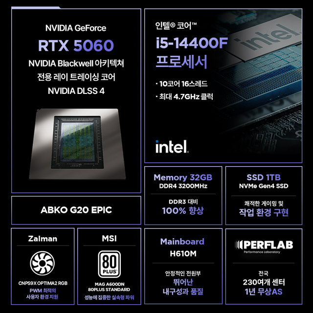 인텔 i5-14400F RTX 5060 8GB 32GB 1TB 게이밍 컴퓨터 데스크탑 조립 PC