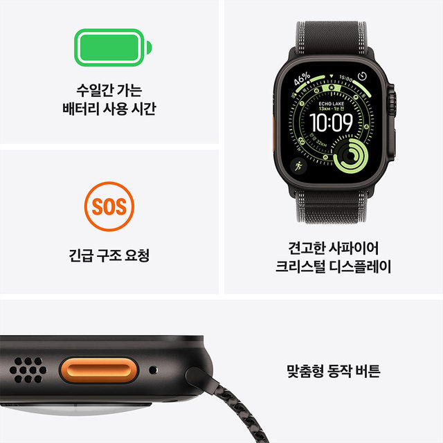 애플워치 울트라 3 49mm, GPS + Cellular (블랙 티타늄, 블랙/차콜 트레일 루프, M/L) - [MF1H4KH/A]