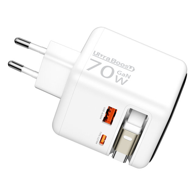 울트라부스트 70W GaN AI 컬러 액정 케이블 일체형 2포트 충전기 (ULTAI70)