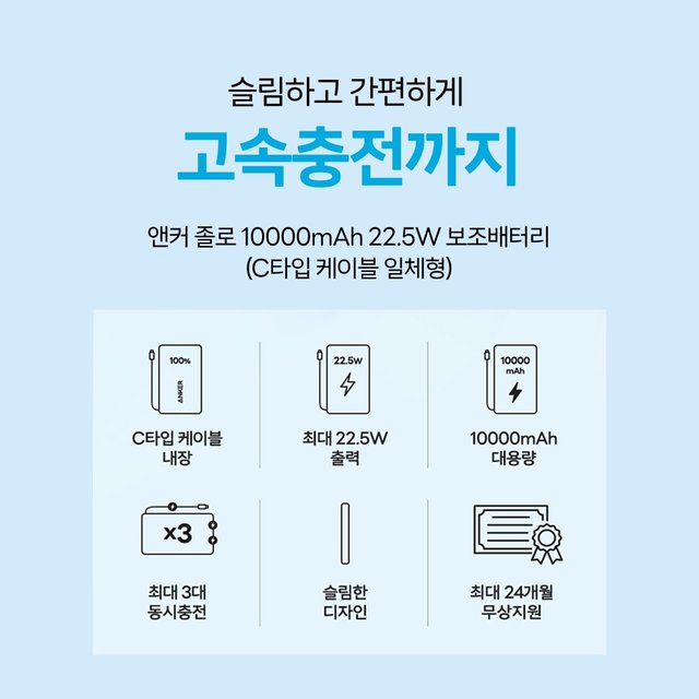 ANKER 졸로 10000mAh 22.5W 보조배터리 (C타입 케이블 일체형) A110D