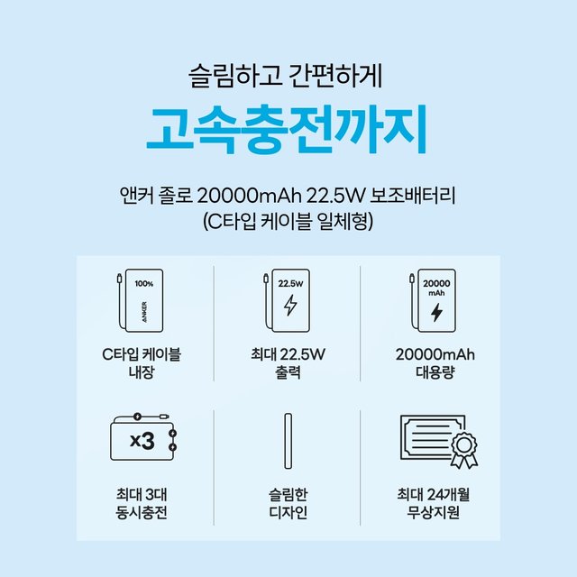 ANKER 졸로 20000mAh 22.5W 보조배터리 (C타입 케이블 일체형) A110E