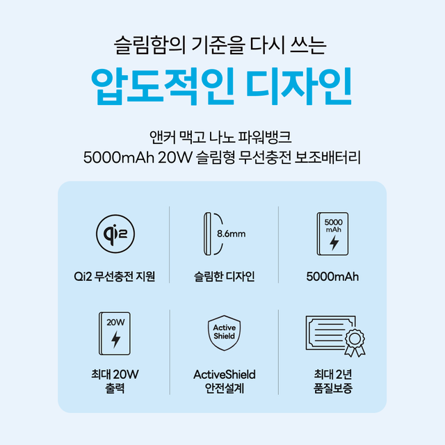 Anker 맥고 나노 파워뱅크 5000mAh 20W 슬림형 무선충전 보조배터리 A1665