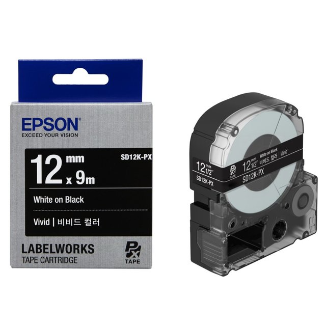 엡손 라벨테이프 SD12K-PX 검정배경 흰색글씨 폭 12mm